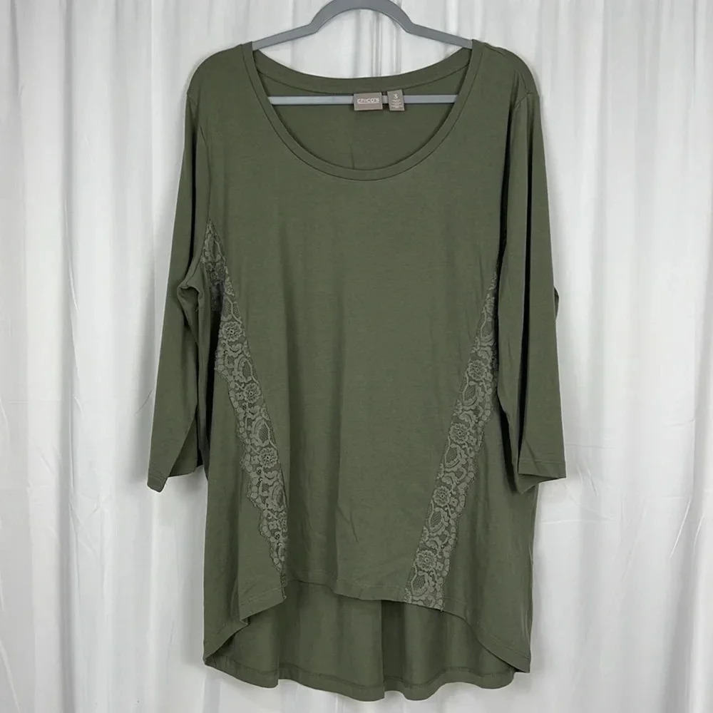 Chico’s NWOT Women’s US XL Lace Green 3/4 Sleeve High-low Hem Top - Picture 1 of 6